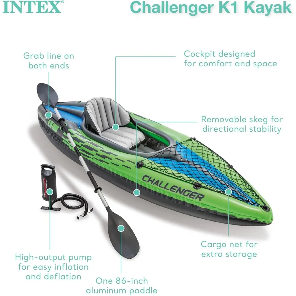Challenger K1 1 Orang Kayak Sporty Ramping Vinil Tahan Lama dengan Kursi dan Sandaran Tiup, Dayung, Pompa, Tas Jinjing
