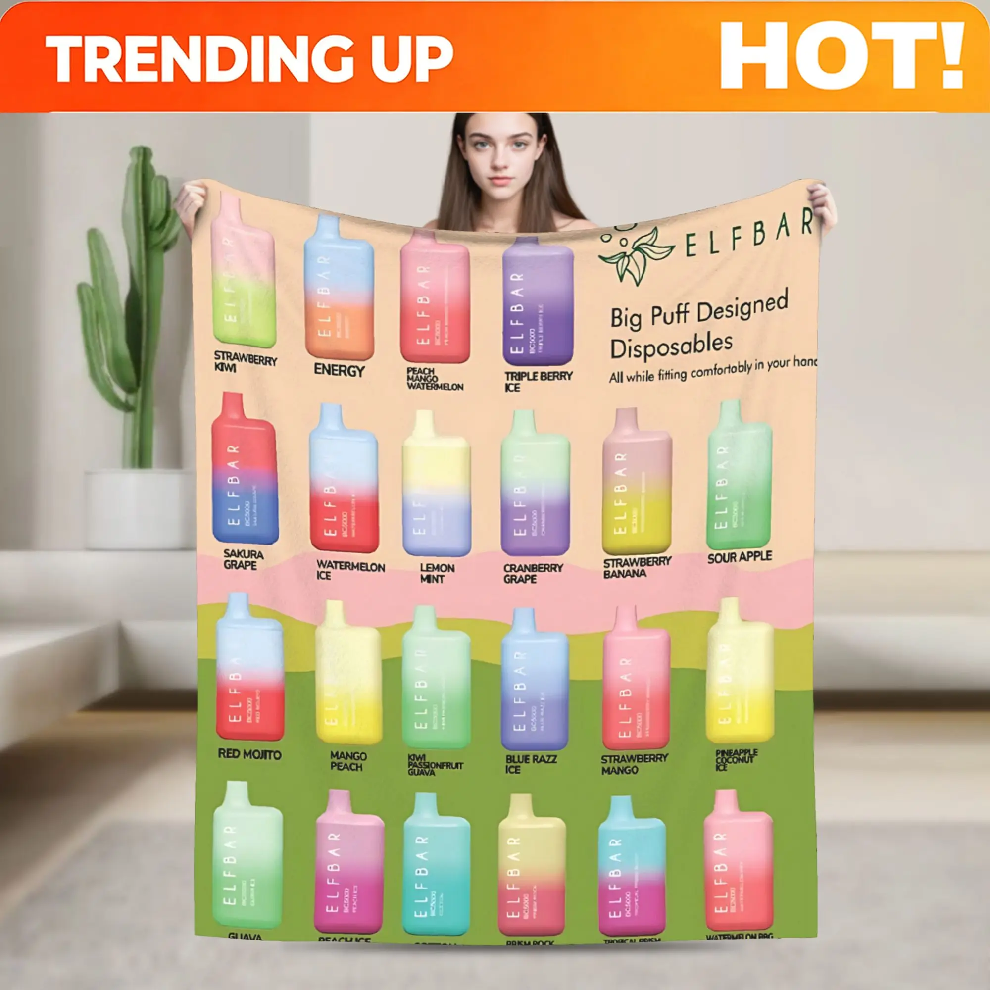 Customize Image of Elfbar Big Puff Flavor Collection. The Flannel Blanket Features Exquisite Digital Printing, Is Comfortable An