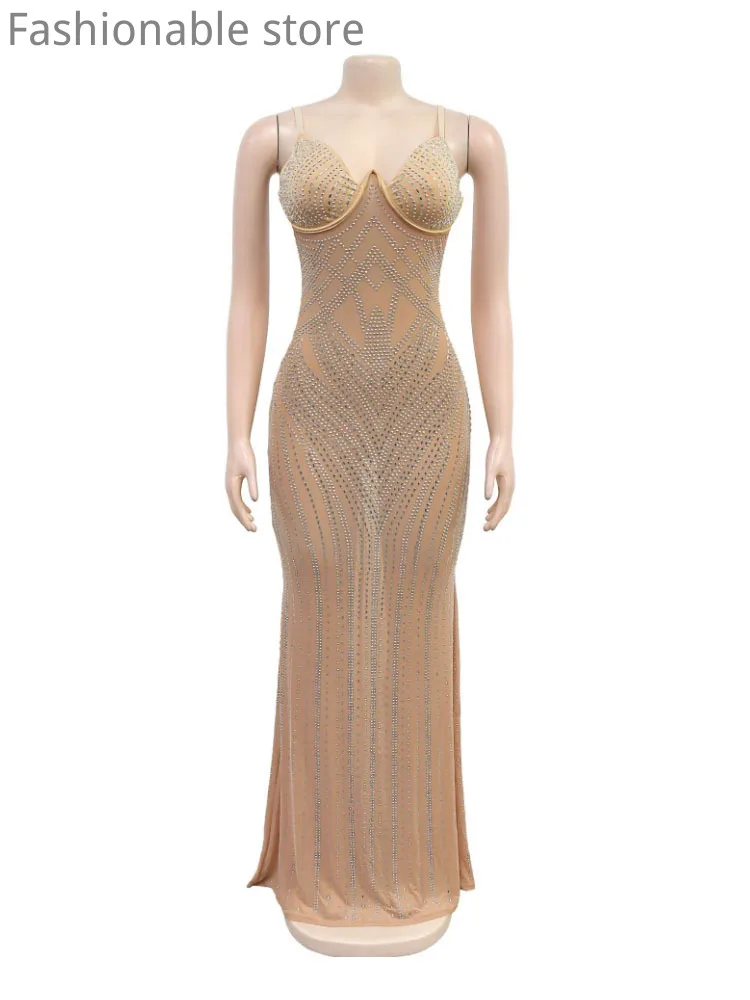 Robe de soirée Sexy pour femmes, couleur unie, bretelles Spaghetti, décor en strass, dos nu, maille transparente, sans manches, slim, longueur au sol