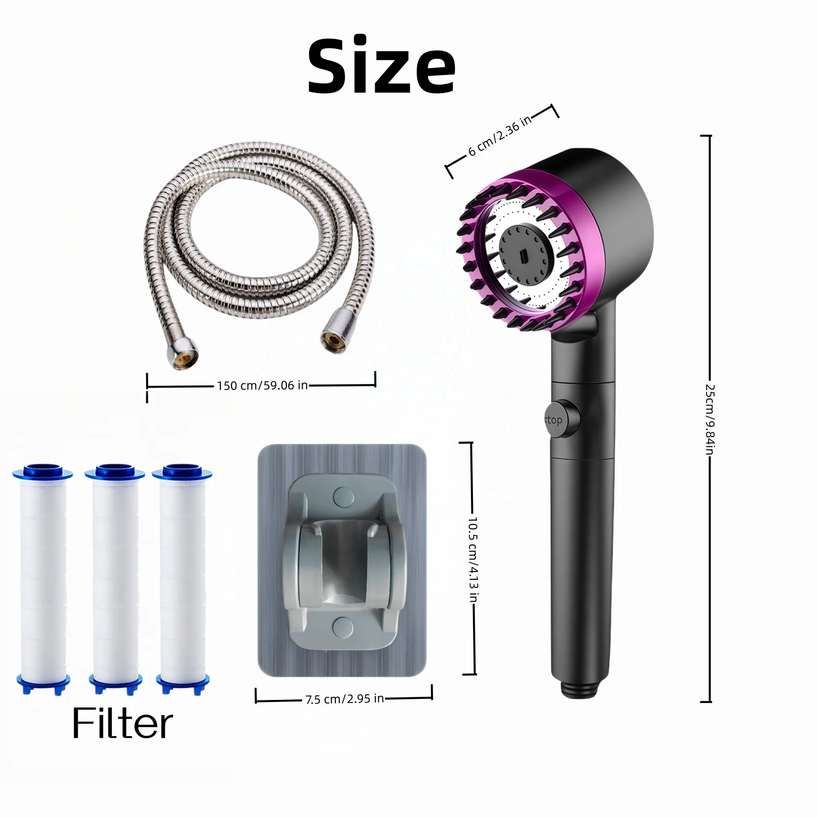 

6PCS Black Purple High Pressure Water Saving Shower Head Set 3 Modes Adjustable with 3 Filter Cartridge Hose No Drill Bracket