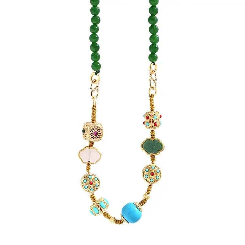 UMQ riginal Design National Style Retro Emerald round Beads Turquoise Agate Xiangyun Long Necklace Sweater Chain