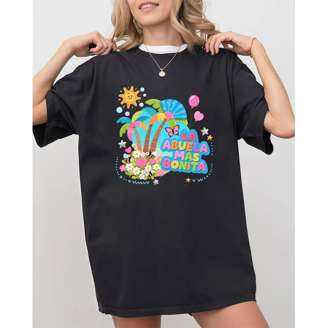 

Women Oversized Abuela T-Shirt La Abuela Mas Bonita Graphic Tee Spanish Grandma Tropical Summer Vacation Gift Top