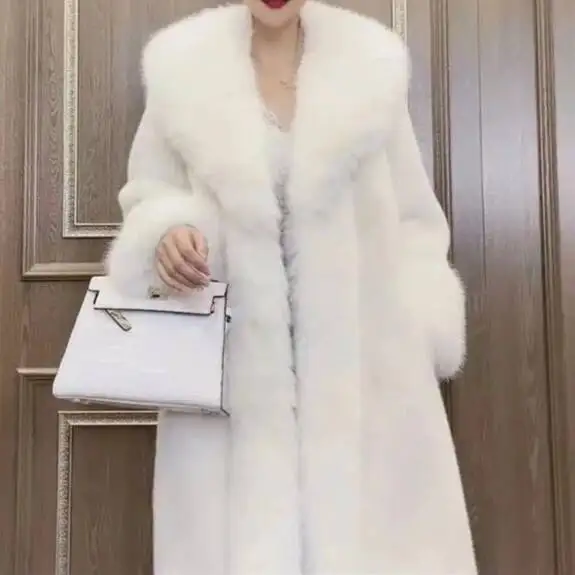 

Faux Fur Coats Women Long Coat Thick Warm Turn Down Collar Open Spring Outerwear Jackets Elegant Splice Autumn Winter