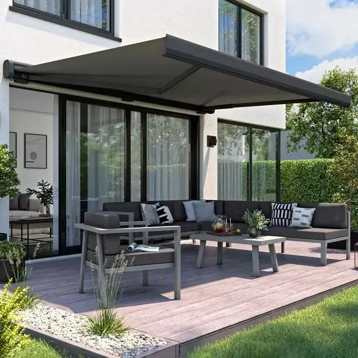 Full Cassette Retractable Arm Awning with LED Light Motorized Outdoor Electric Waterproof Acrylic Fabric Aluminum Frame Awnings
