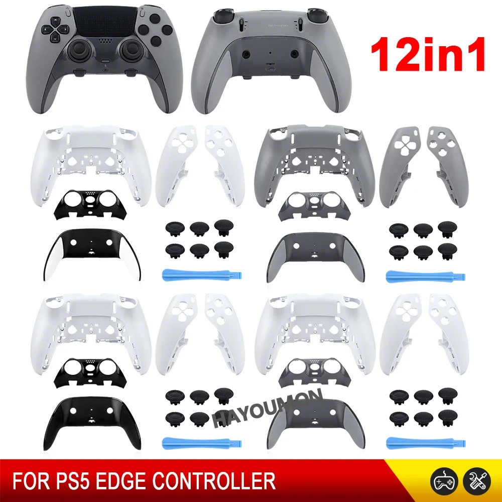 ps5-edgeコントローラー用12in1交換用トップボトムハウジングシェルケース、フロントバックカバー、ジョイスティックキャップ付きプラスチック修理部品