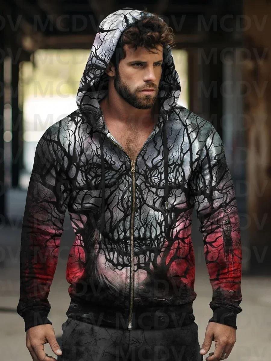 Men's Skull Zip-Up Hoodie Sweatshirt Halloween Zipper Hoodies