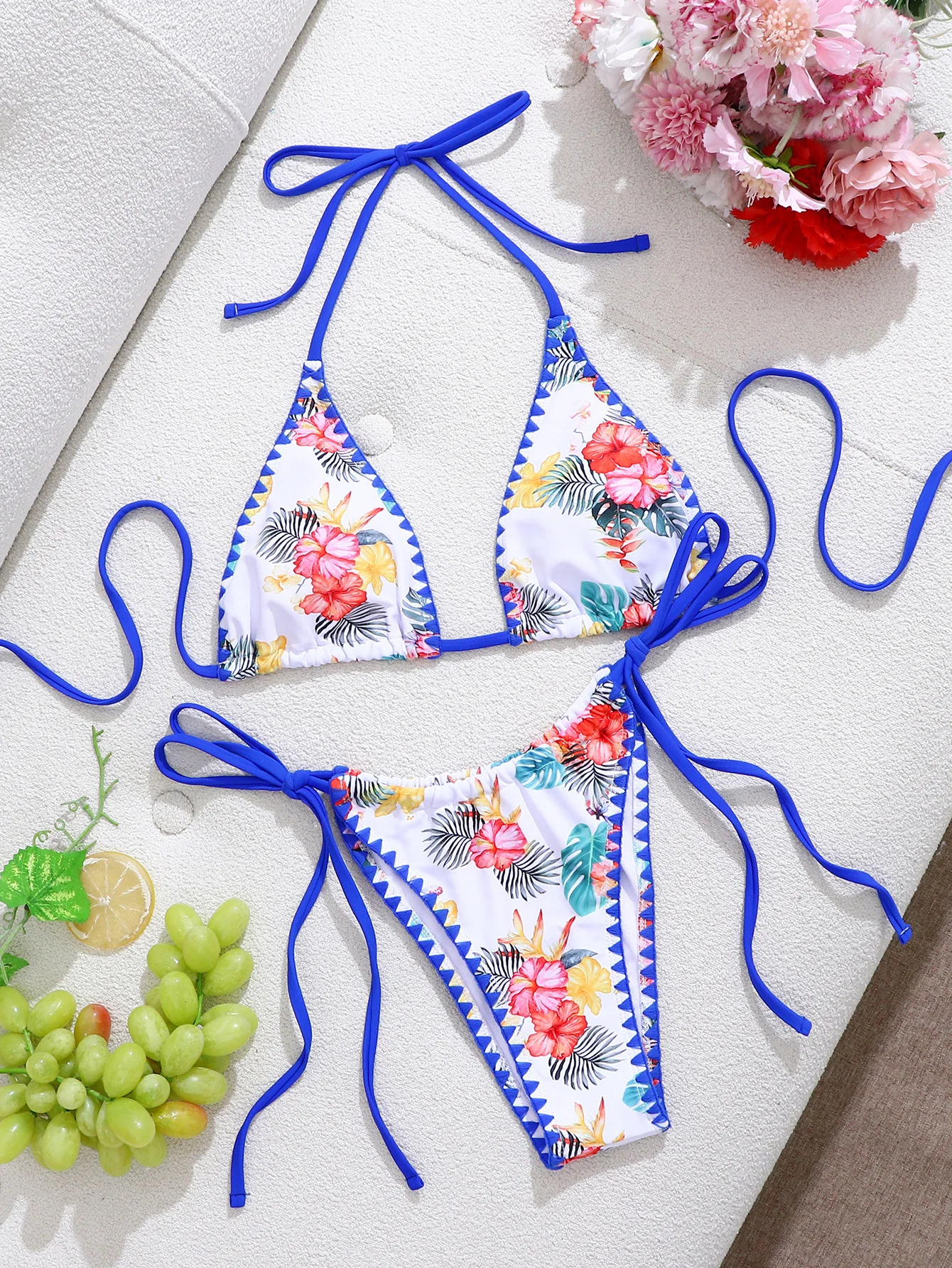 

sexy blue flower print bikinis sets two pieces halter tie micro swimsuits bathing suit beach outfits swimwear biquini tankini