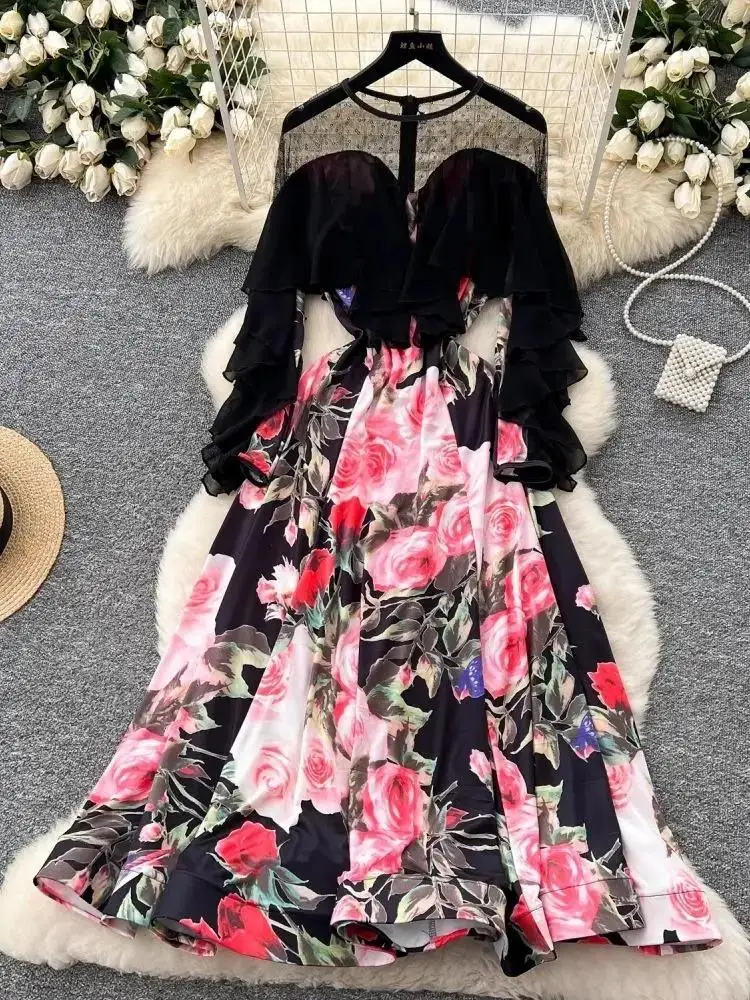 Primavera verão manga borboleta flor impressão sereia vestidos longos camada feminina babados costura festa de aniversário roupas femininas