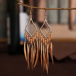 Summer Hot Colorful Beads Feather Long Pendant Earrings for Women Bohemian Style Fashion Tassel Earrings Jewelry Accessories