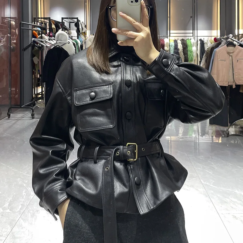 JANEFUR Cappotto primaverile da donna Elegante giacca da donna in vera pelle Cintura con risvolto Pelle di pecora Nero Office Lady JFB6-25006