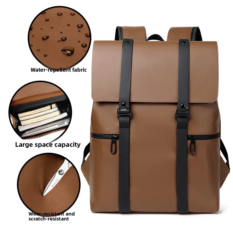 Commuter Backpack Men's Pu Leather Waterproof Large-capacity Decompression Student Bag Business Portable Notebook Backpack.