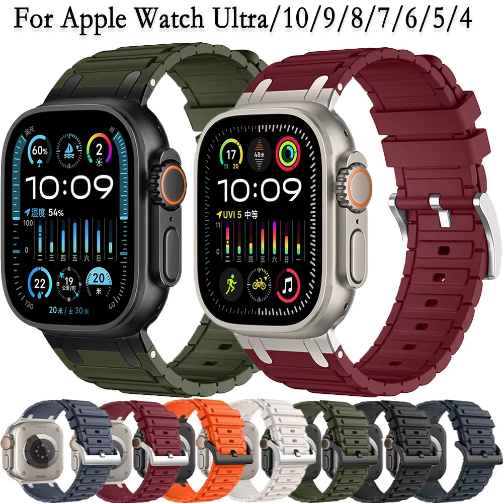 Силиконовый ремешок для Apple Watch Ultra 3 49 мм 11 10 46 мм 42 мм 9 8 7 45/41 мм Модифицированный металлический интегрированный браслет iWatch 6 5 SE 44 мм