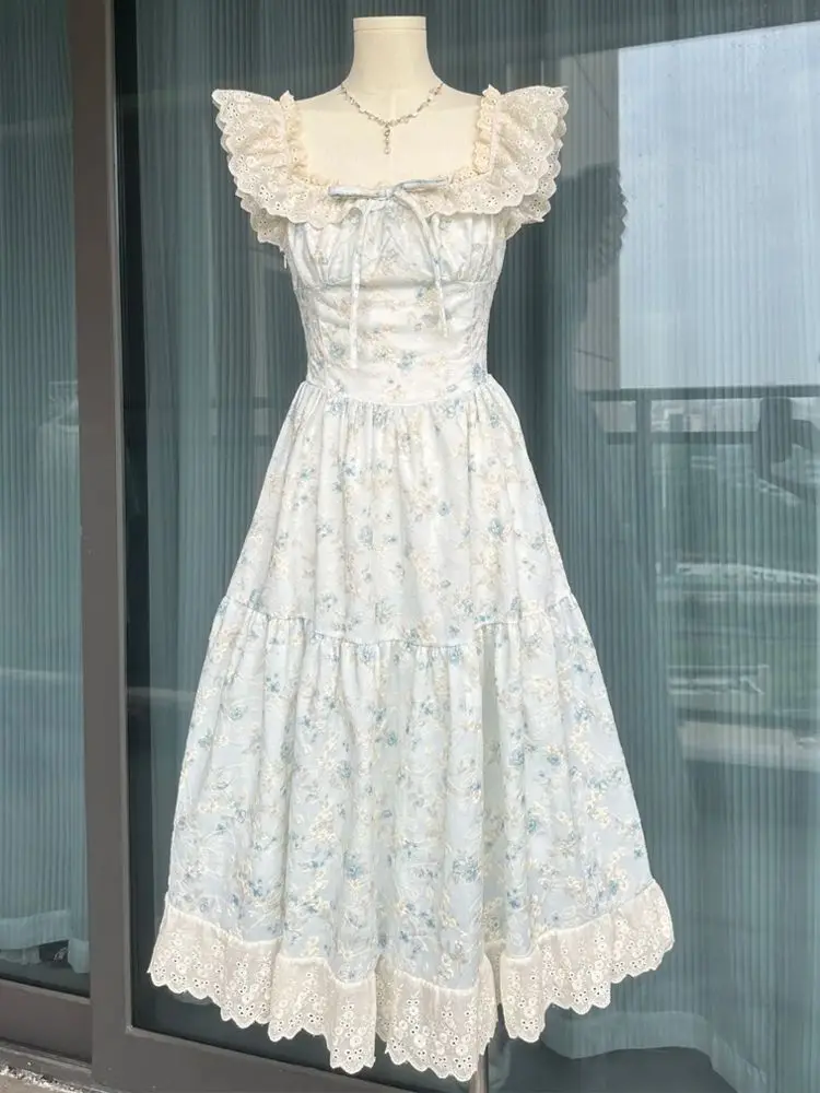 NONSAR ฤดูร้อนใหม่สไตล์ฝรั่งเศสน่ารักและหวานโบว์บินแขนชุดดอกไม้สีฟ้าผู้หญิง Elegant Gentle Slim A-Line ชุดยาว