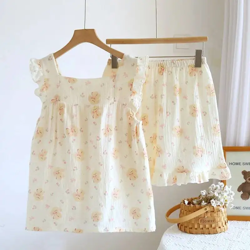 

Cute And Sweet Cartoon Printed Shorts Pamas Sleeveless Tops With Chest Pads For Women's Summer Thin Cotton Sleepwear Set