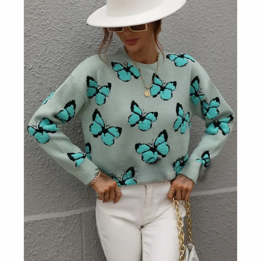 

Women's Autumn and Winter Butterfly Printed Crew Neck Commuter Women's Casua Loose Large Size Knitted Sweater Pullover Sweater