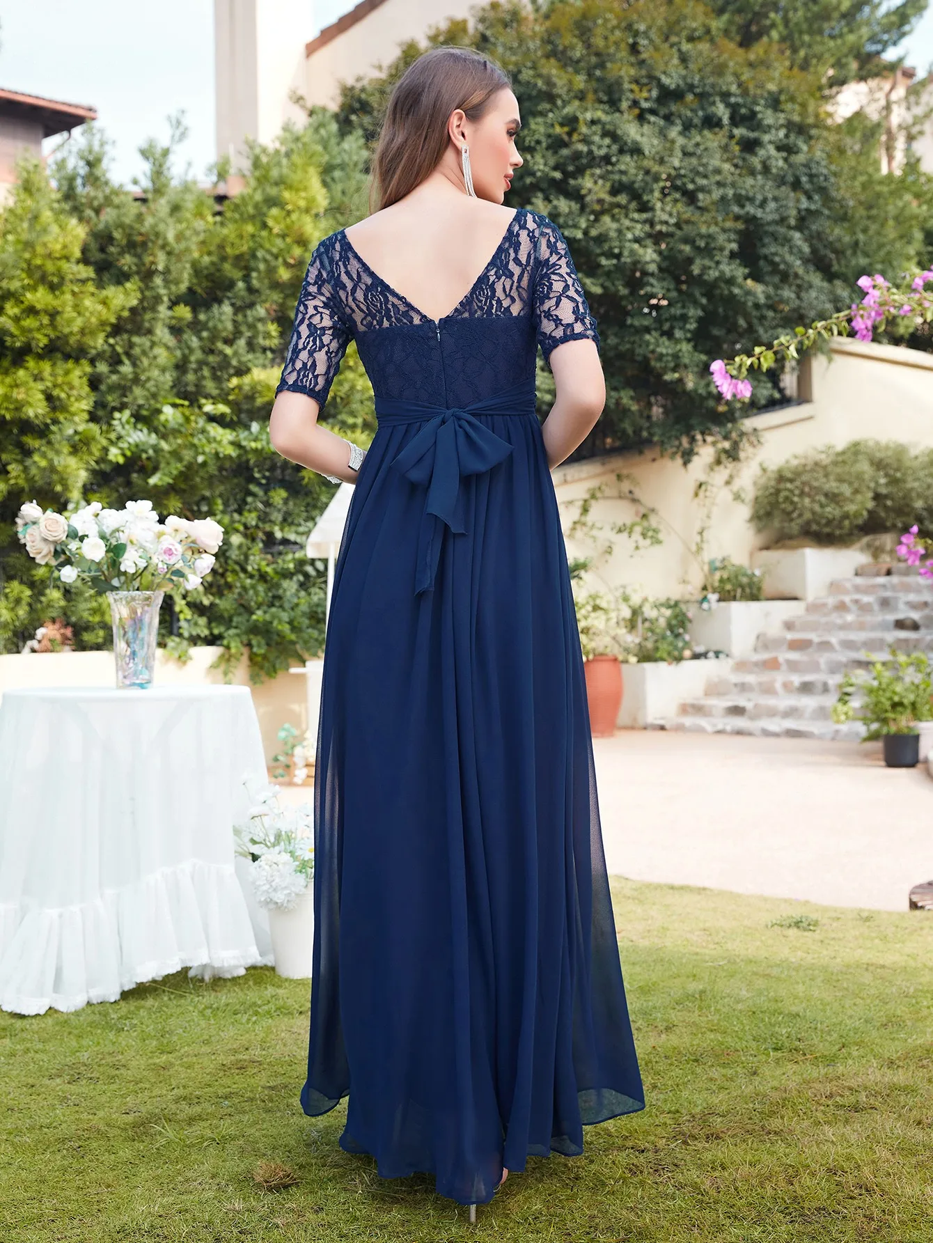 Navy Blue Lace Chiffon Bridesmaid Dresses Long Scoop Neck Half Sleeve Burgundy Formal Wedding Party Prom Gowns Vestido De Fiesta