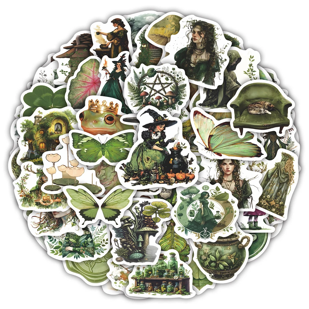 10/30/50pcs Cartoon Green Forest Magic Witch Stickers Vintage Aesthetic Decals Decoration DIY Laptop Phone Luggage Sticker Pack