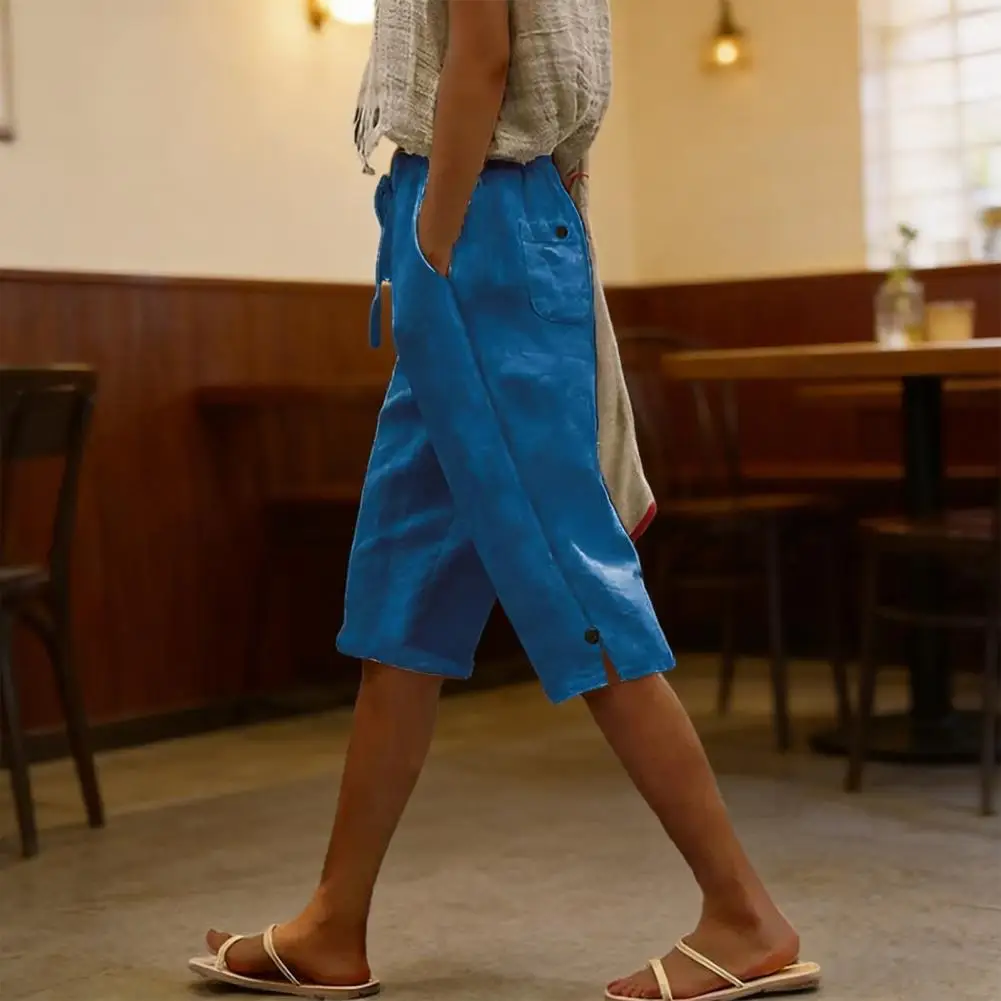 2026 Loose Fit Pants Breathable Cropped Pants with Pockets Loose Fit Mid-calf Trousers Straight Leg Summer Wear with Side Slits