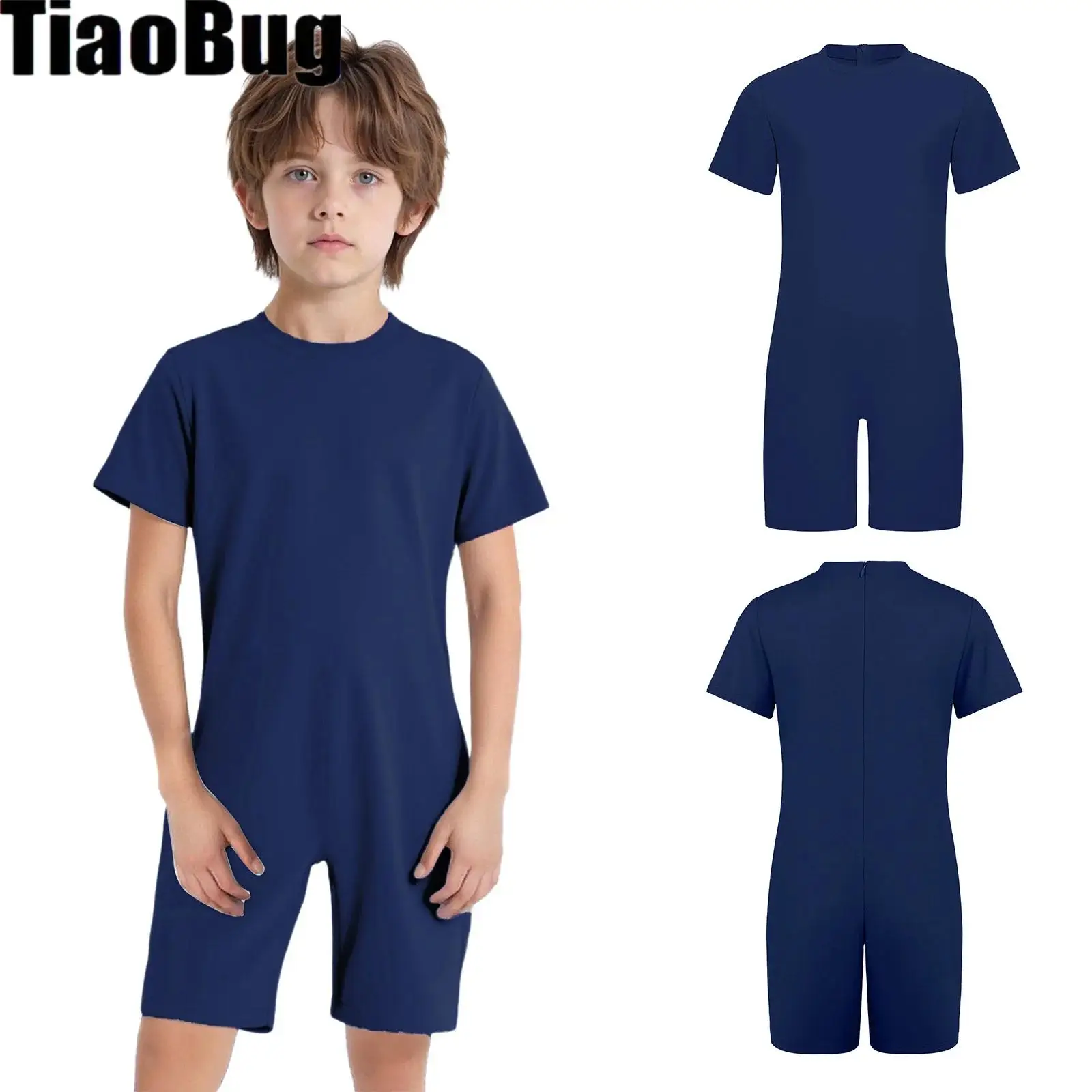 

Kids Solid Color Special Needs Adaptive Clothing Round Neck Short Sleeve Back Invisible Zipper Jumpsuit