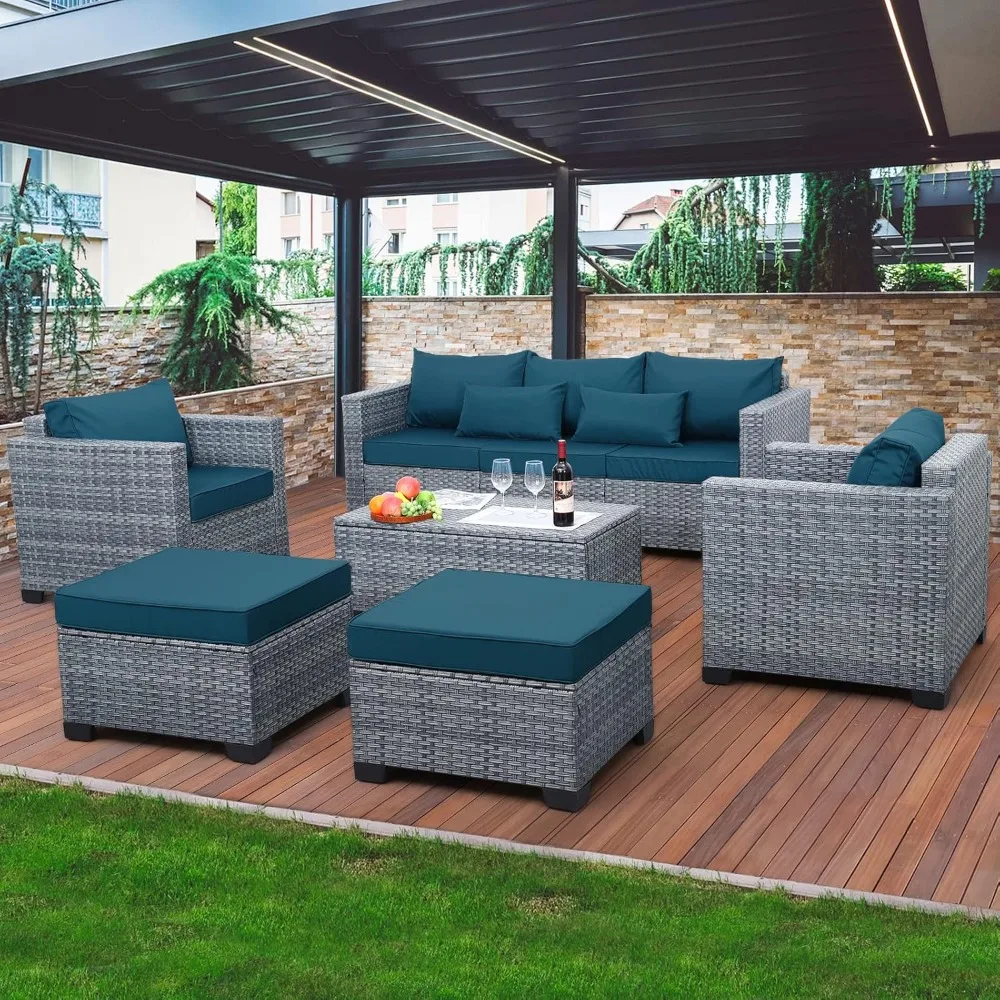 

6 Pieces Wicker Patio Furniture Sets Outdoor Conversation Set PE Rattan Sectional Sofa Couch with Storage Table and Peacock Blue