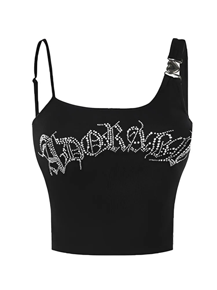 Summer Gothic Camisole Baddie Style Bodycon Crop Top For Women 2023 Japanese Fashion Rhinestone Halter Tops Vest Grunge 2000s