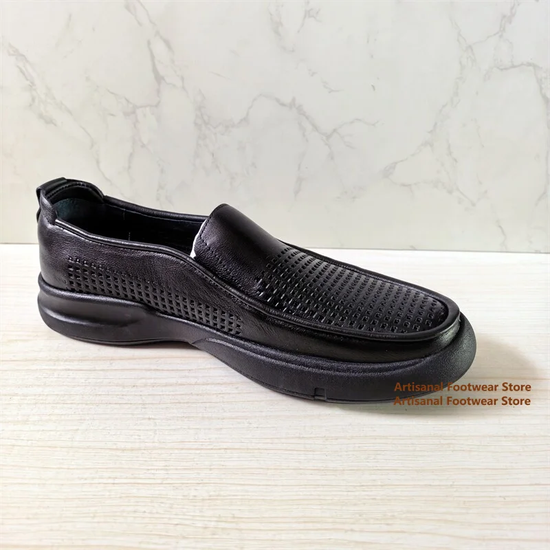 Men's Perforated Leather Slip On Loafers Breathable Hollow Out Summer Casual Shoes Thick Cushioned Sole Comfort Walking Shoes