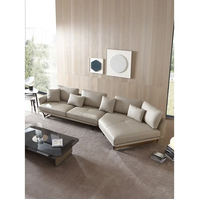 Italian minimalist villa corner leather sofa, modern light luxury three-person sofa combination