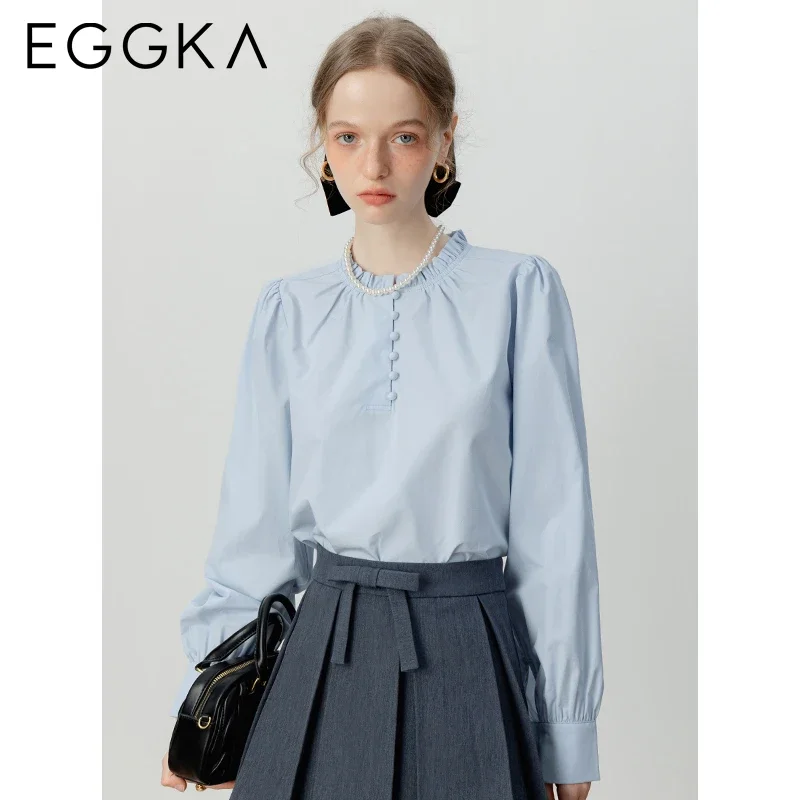 EGGKA Design French Blouse 2024 Autumn Commuter Long Sleeve Shirts O-neck Solid Women Blouse Korean Fashion OL Tops Casual Shirt