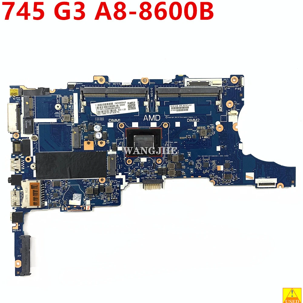 Placa-mãe portátil para HP, 745 G3, 14 em, A8-8600B, CPU 827574-601, 827574-001, TI-6050A2728001-MB-A02, 100% de trabalho