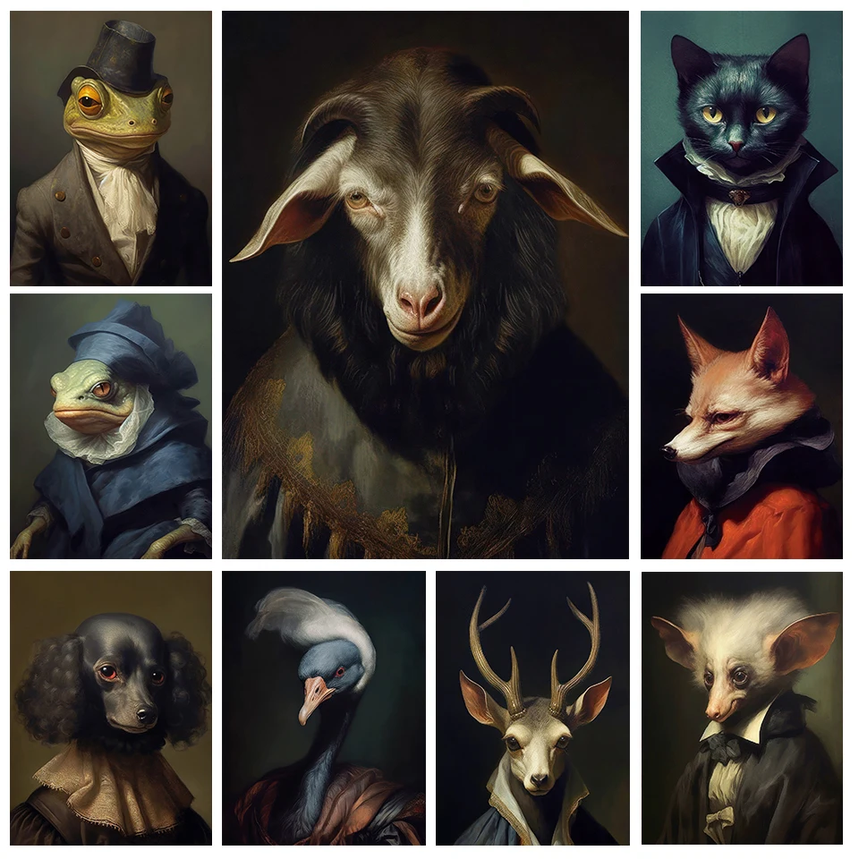 (No frame)Vintage Gothic Victorian Animals Meme Portrait Witchy Poster Canvas Painting Wall Art Pictures Halloween Spooky Hom