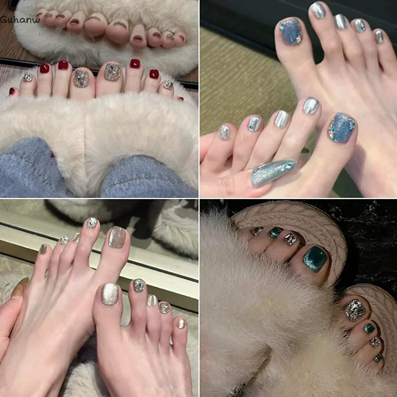 

[WHB]24Pcs Toe Nails Fake Nails Nail Sticker Jelly Glue Press On Rhinestone Nails French Nail Manicure Set Nail Care Tool