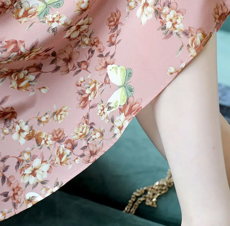 Blumen Rüschen Rand mittellange Chiffon Kleider für Frauen Sommer neue koreanische Version lose Rundhals ausschnitt Flare Ärmel A-Linie Kleid