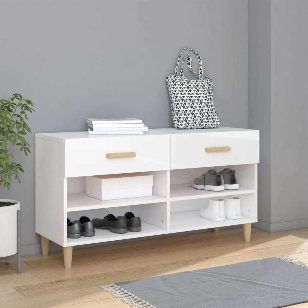 High Gloss White Shoe Cabinet - Engineered Wood Storage, 102x35x55 cm - Stylish & Modern Design