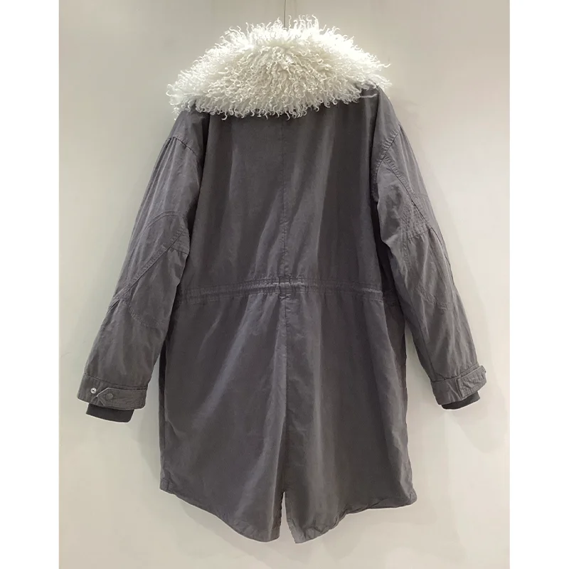 Zadig Grey Long Coats Loose Winter Tops Female Casual Jacket And Cotton Coat Set Women Outdoor Zipper Jackets Large Fur Collar