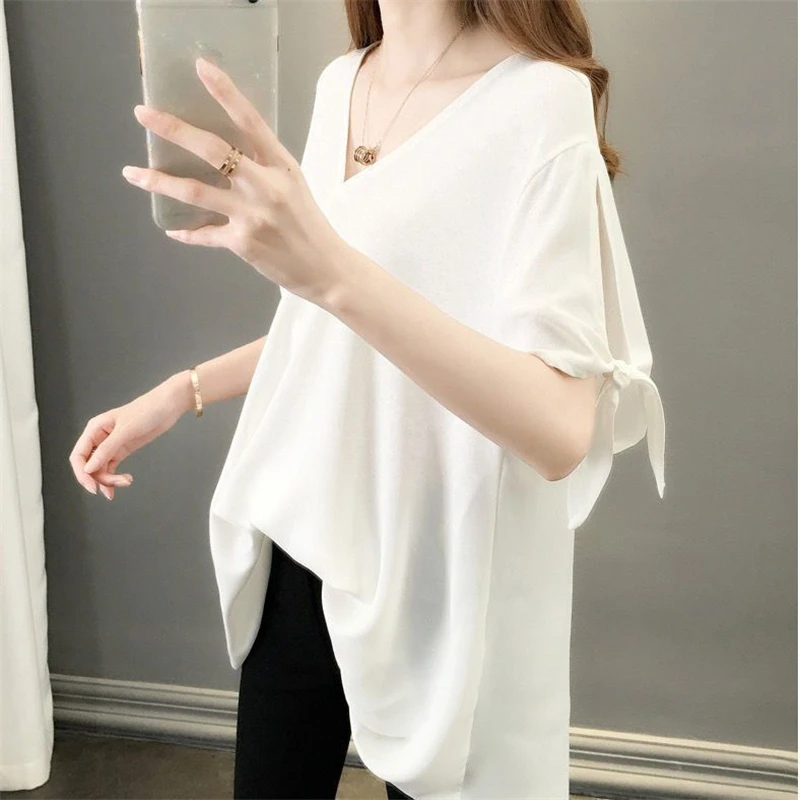 Women Bow Simple Casual Asymmetrical Y2K Oversized Blouse Summer Korean Fashion V Neck Short Sleeve Shirt Solid Tunic Tops Ropa