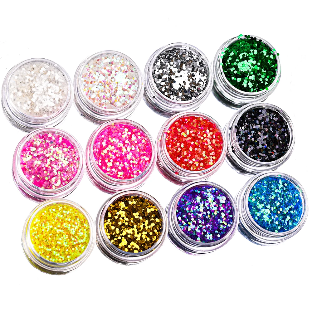 12Jars/box Iridescent Glitter Nail Sequins Colorful Holo Laser Sparkly Nail Flakes 3D UV Gel Polish Manicure Glitter Sequins Set