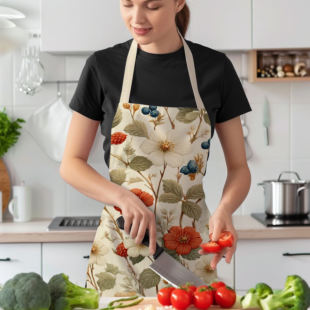 Vintage Floral & Strawberry Pattern Polyester Apron - Stylist Cooking Baking Apron for Home Kitchen, Art Studio Use