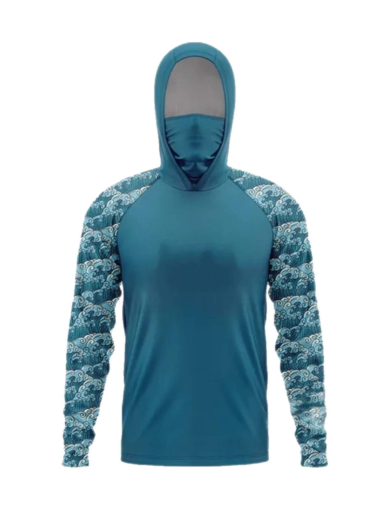 Herren Sommer UPF50+ Angel-Hoodie mit Gesichtsmaske Blau-Schwarz Camo-Druck Schnelltrocknend Atmungsaktiv Langarm Angelhemd – Detail 6