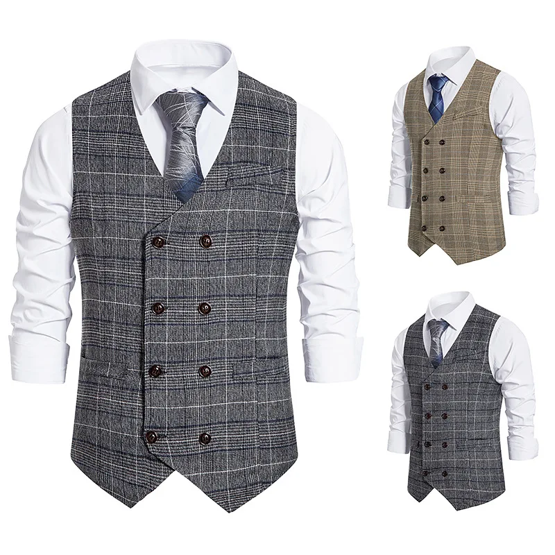 Men\'s Plaid Double-breasted Waistcoat Men\'s Suit Retro Clip Tweed Vest Gille Steampunk Men\'s Classic Vest жилет мужской классиче