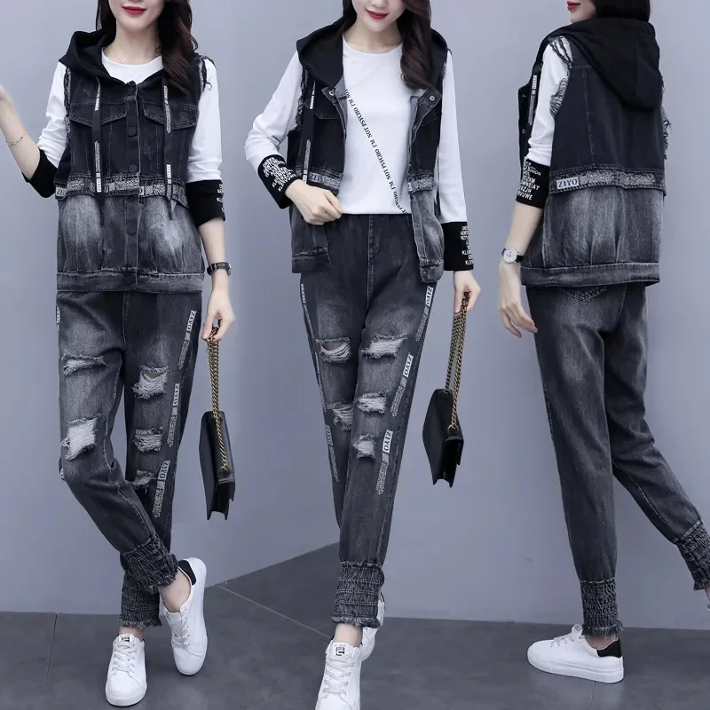 European 2023 Spring Fashion New Women Wear Bomb Street Reduce Age Show Slim Fashion Denim and Fashionable Set Of Three Pieces