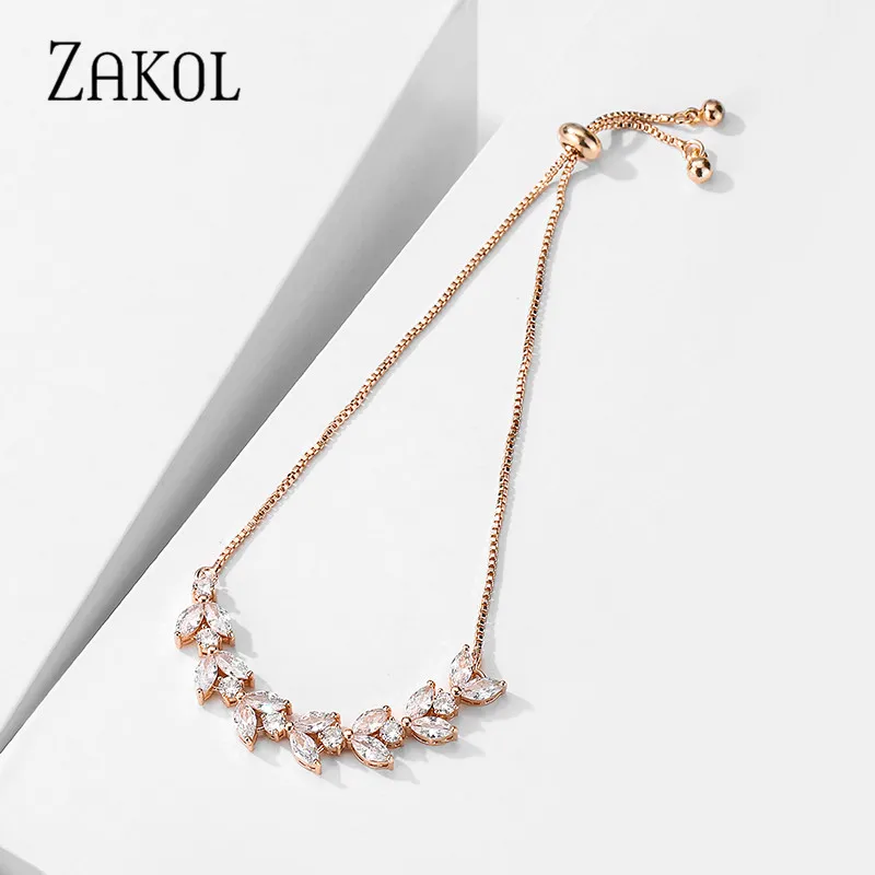 ZAKOL Fashion Leaf Zircon Adjustable Bracelets for Women Bride Wedding Jewelry