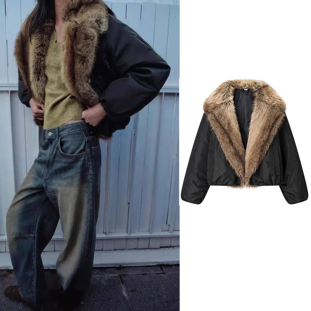 Vintage Women's Fur Collar Patchwork Jackets Loose Pockets Full Sleeve Warm Coats 2026 Autumn Winter Lady Locomotive Outwear New