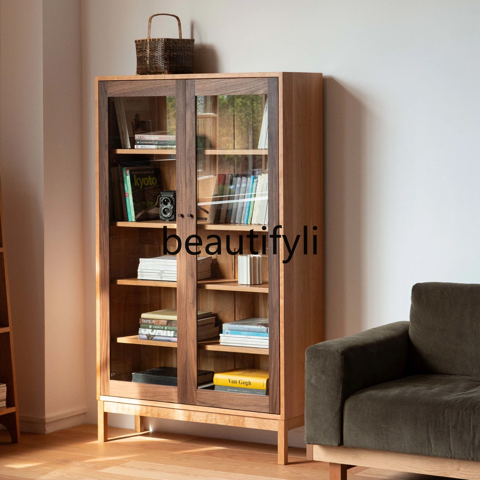 Glass bookcase contrasting color log wine cabinet display bookshelf solid wood cabinet storage cabinet