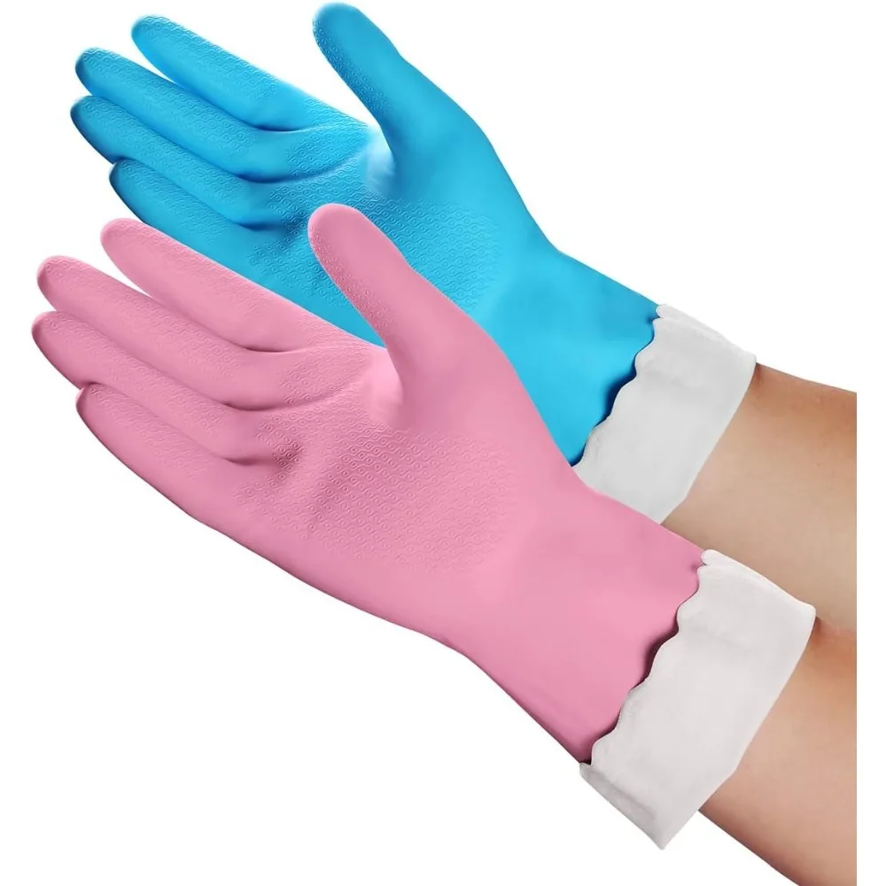 

Household Cleaning Gloves - 2 Pairs Reusable Kitchen Dishwashing Gloves with Latex Free, Cotton lining, Waterproof, Non-Slip,