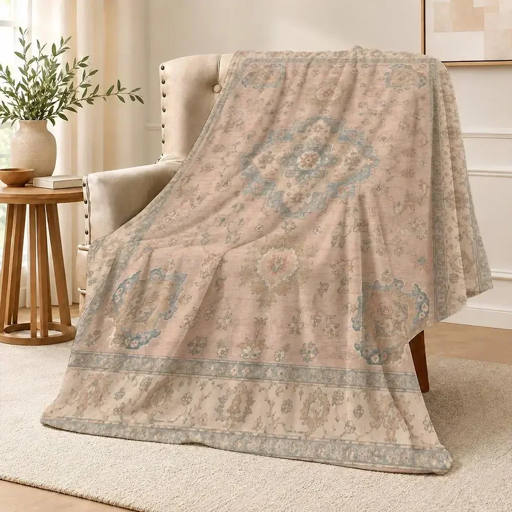 Turkish Style Red Ornamental Floral Kilim Inspired Pattern Throw Soft Flannel Throw Blanket Warm for Couch Bed Sofa Cozy Gift
