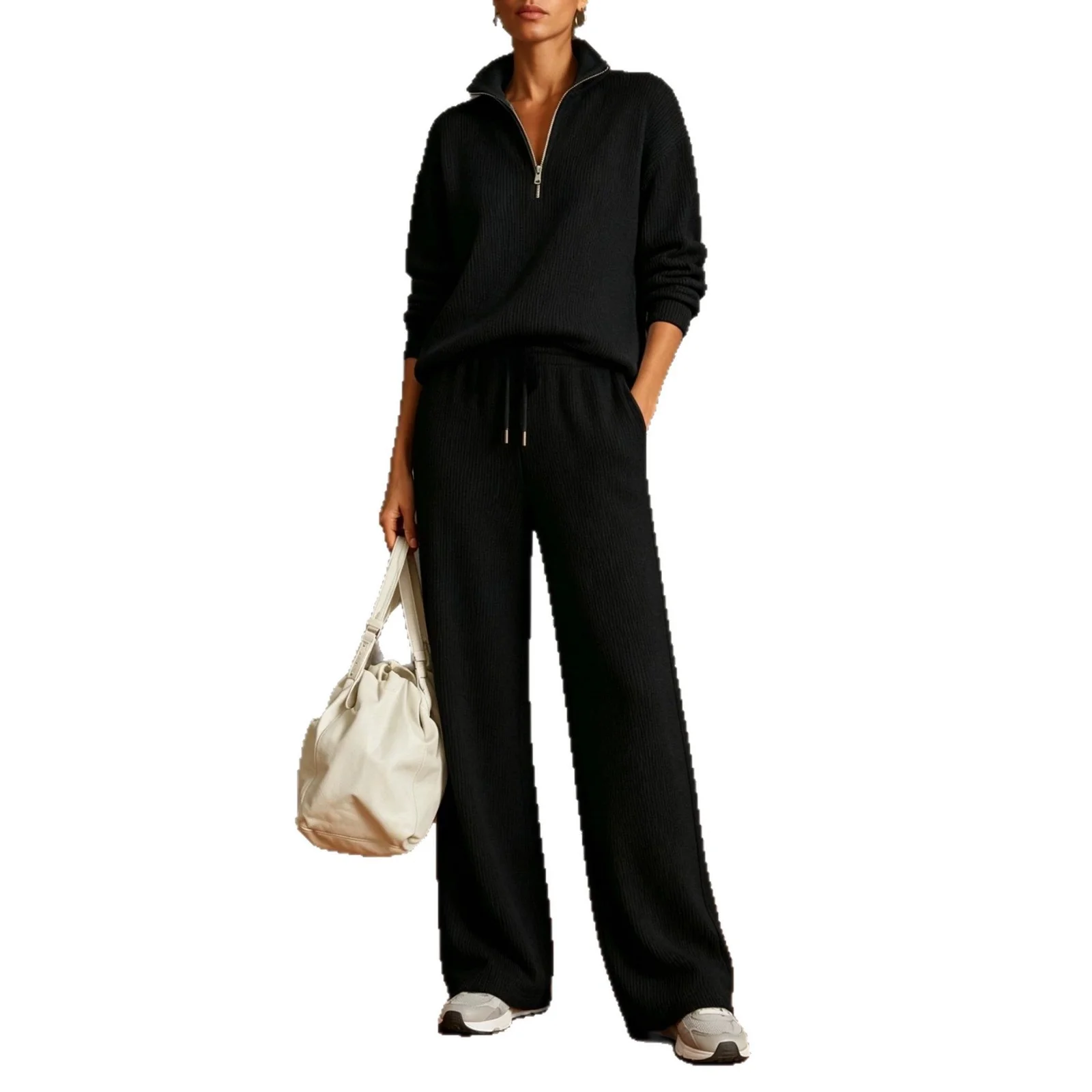 2026 Autumn Winter Ladies Sportswear Set Zipper Wide Leg Pants Halved High Collar Women's Fashion Casual Outfit Ensemble view 3