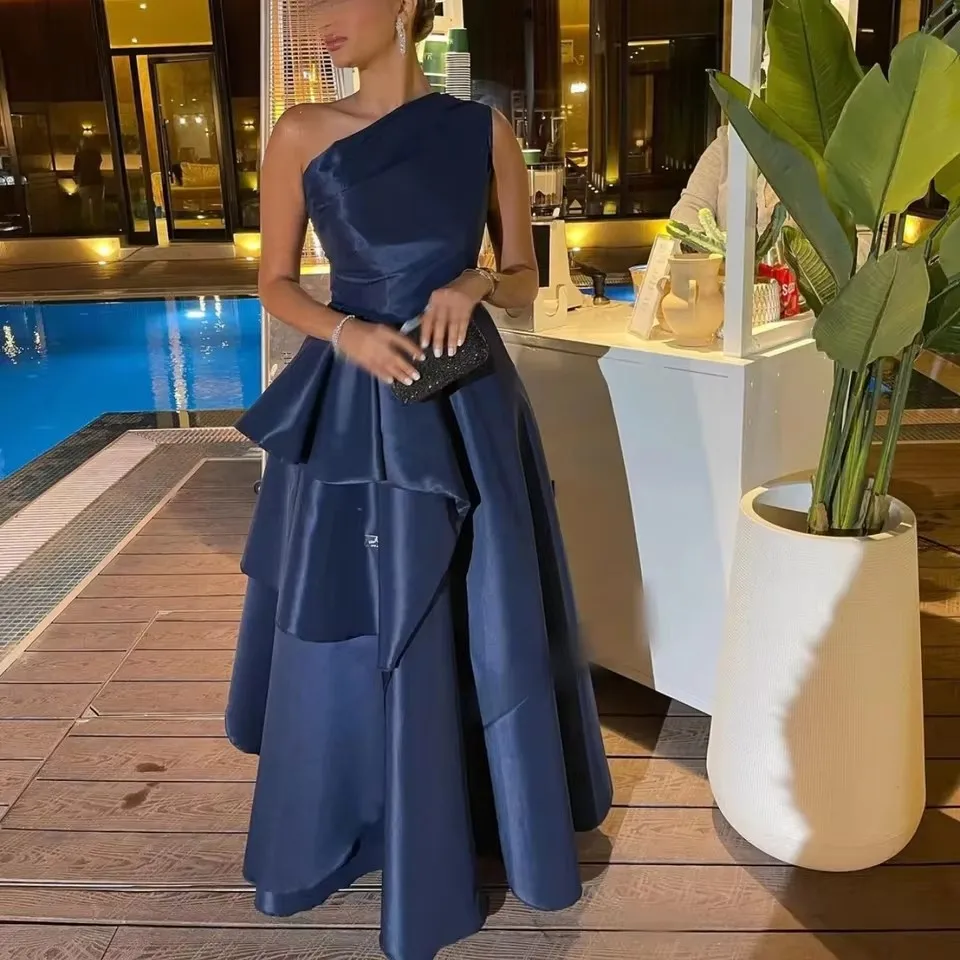 2026 Elegant Navy Blue One-Shoulder Muslim Evening Dress Long Taffeta A-Line Robe De Soirée Fashionable Party Gown for Women