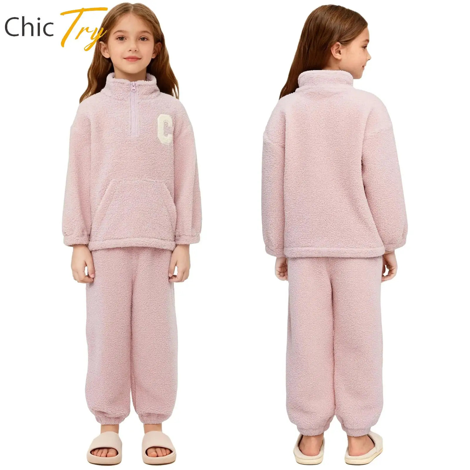 

2-7Y Kids Girls Warm Fleece Casual Outfit Long Sleeve Sweatshirt+Pants Set for Autumn Winter Holiday Home Outdoor Running Sports