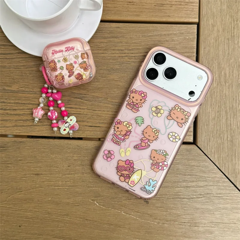 Cute Cartoon Cat Pink Soft TPU Earphone Case For AirPods Pro 3 2 For AirPods 4 3 2 1 Clear Cover With Beaded Charm Keychain Gift