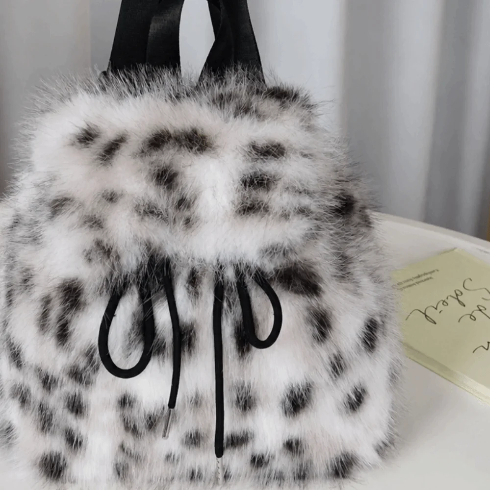 Drawstring Faux Fur Backpack Solid Color Leopard Print Mini Daypack Lightweight Adjustable Closure Knapsack Winter Season